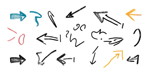 Hand drawn arrow sketches set with black, blue, red, and yellow doodle style curved and straight directional symbols for design elements and navigation concepts