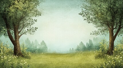 Lush green meadow with trees under a hazy sky.