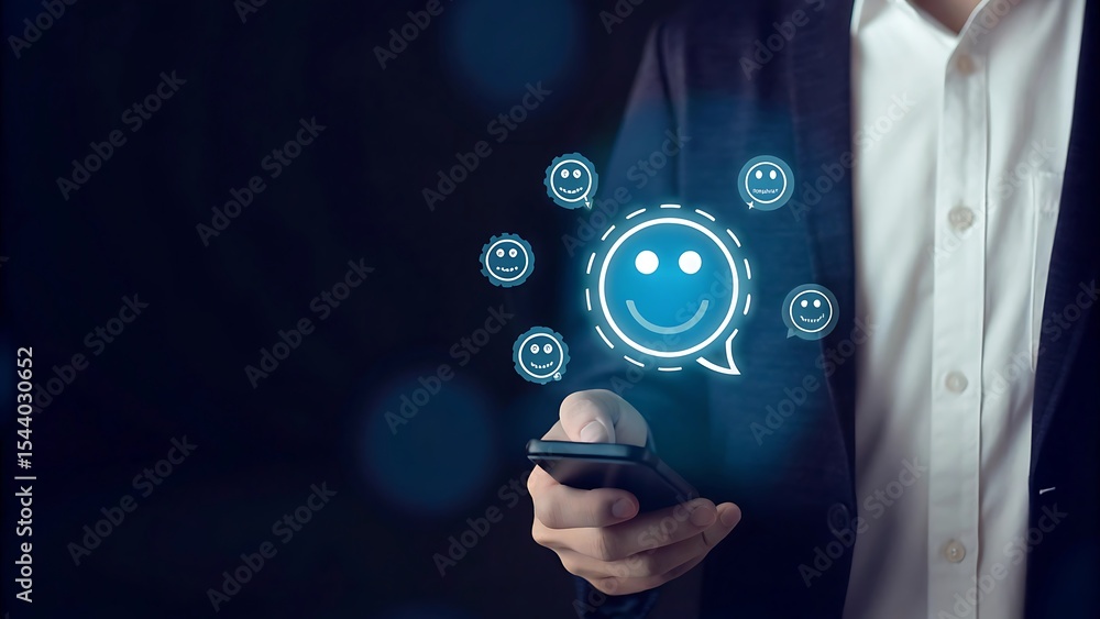 Poster ai artificial intelligence. woman using mobile smart phone chatting with customer service, ai chatbo