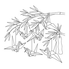 Origami crane bamboo branch vector illustration japanese art design for coloring book page on transparent background