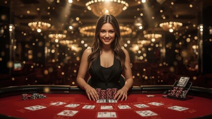 Elegant Woman Dealer at Casino Table with Cards and Chips, Smiling Confidently. Atmosphere