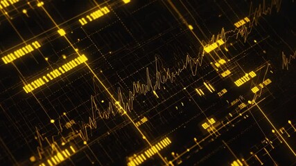 Yellow graphics visualizing digital data on black background