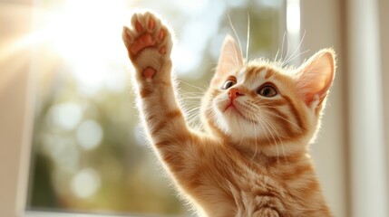 An adorable orange kitten playfully reaching out with its paw, showcasing cuteness and curiosity, reminding us of the innocence and joy found in small moments.