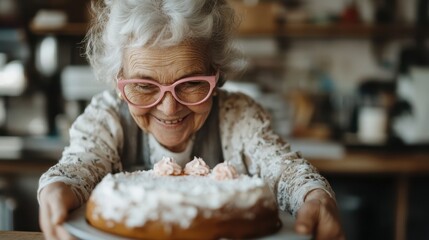 A joyful grandmother wearing pink glasses proudly presents a homemade cake, celebrating family moments and love, capturing a heartwarming scene filled with warmth and nostalgia.