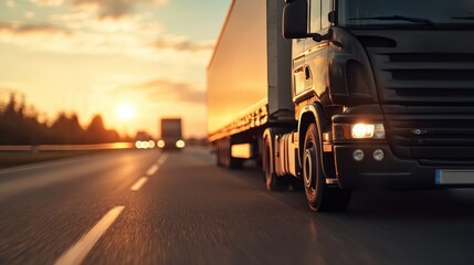 A black truck is seen driving on a highway at sunset, epitomizing freedom, adventure, and the spirit of the open road, with a warm golden glow in the background.