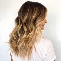 Naklejka premium Woman with long wavy hair showing blonde and brown balayage color