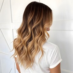 Naklejka premium Long wavy brown to blonde balayage hair color on woman's back