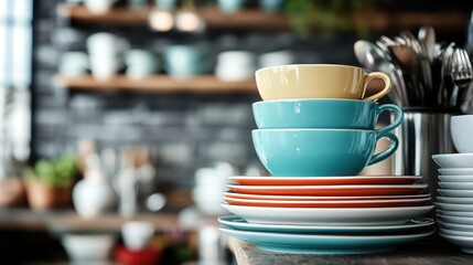 A charming display of stacked colorful cups and plates in a cozy kitchen setting, embodying warmth, domesticity, and the joy of shared moments.