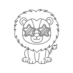 Lion coloring page with star sunglasses for kids animal outline vector illustration on transparent background