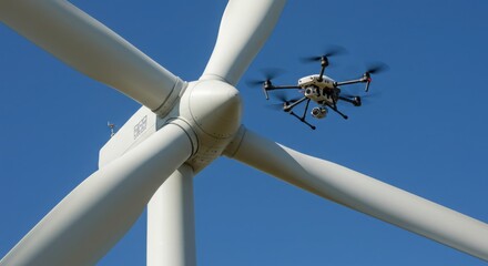 Drone inspecting wind turbine blades against blue sky