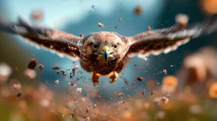 Obraz premium A stunning close-up of a hawk flying powerfully through the air, with feathers ruffled and dust swirling around, capturing the essence of freedom and raw beauty in nature.