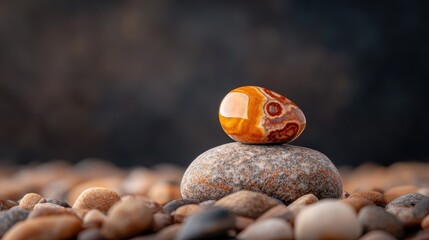 An artistic representation of a uniquely patterned stone balanced on another stone among pebbles, symbolizing nature's beauty, simplicity, and the importance of stability and resilience.