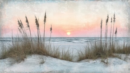 Sunrise over a tranquil beach scene with sea grasses.