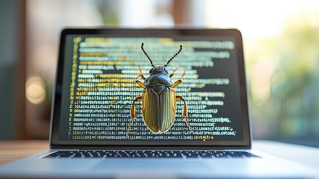A close-up of a computer screen displaying code with a large green beetle positioned in the foreground. The scene represents web bugs and digital issues.