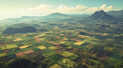 Aerial View of Lush Green Patchwork Farmland with Mountain Backdrop
