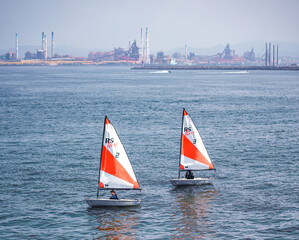 Pohang, Republic of Korea - July 02, 2023:Vibrant watersports scene in Pohang Bay. Dynamic...
