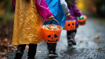 Children in Halloween costumes walk together holding colorful buckets filled with candy during a festive trick-or-treat night - Powered by Adobe