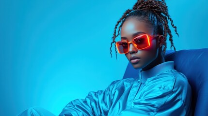 A young woman with stylish neon glasses poses confidently, representing modern fashion and self-expression in a cool blue environment that resonates with contemporary youth culture.