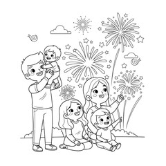 Family watching fireworks coloring page for kids new year celebration printable activity sheet on transparent background