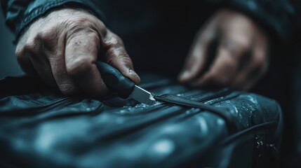 A powerful shot of a pair of hands carefully opening a bag against a dark background, evoking a sense of anticipation and mystery in the moment.