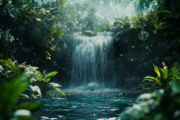 Waterfall surrounded by lush green minimal composition