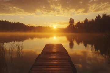 A wooden dock extends quietly over the calm lake surface