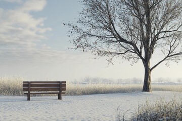 Snowy field with single wooden bench under tree