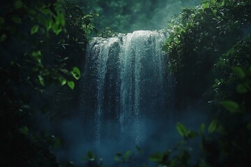 A gentle waterfall flows quietly surrounded by lush green nature