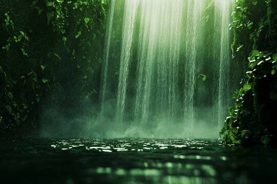 A gentle waterfall flows quietly surrounded by lush green nature
