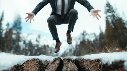 A businessman jumps over a gap in a snowy terrain, symbolizing determination and overcoming obstacles, showcasing ambition and resilience against a breathtaking backdrop.