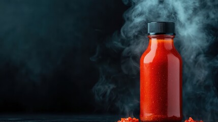 A vibrant bottle of spicy sauce, surrounded by a smoky atmosphere, evokes the fiery and bold flavors that enhance culinary experiences for spicy food lovers.