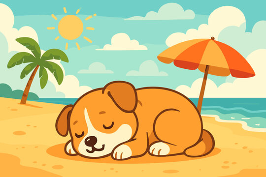 Cute cartoon dog sleeping on a sandy beach under an umbrella. Adorable puppy napping peacefully by the ocean. Summer vacation and pet relaxation concept vector illustration.
