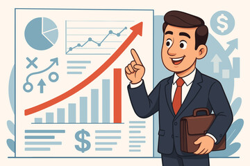 Cartoon businessman planning future growth, interacting with financial data, strategy chart, investment insights, new year business success forecast vector illustration.