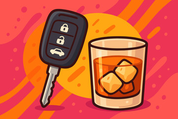 Car Key and Alcoholic Drink, Whiskey Glass with Ice, Illustrating Responsible Driving Choice and Drunk Driving Prevention. Vibrant Cartoon Vector Artwork. Safety Awareness Concept.