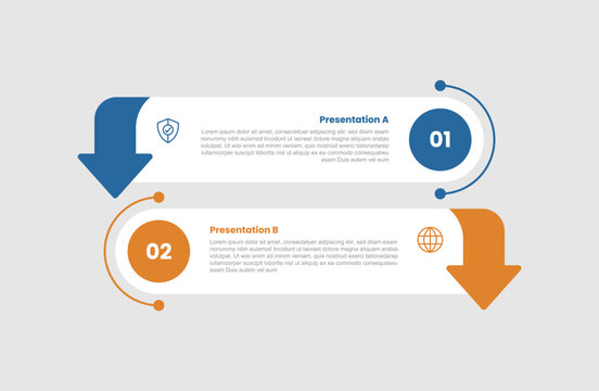 2 stage infographic diagram opposite comparison with round rectangle box stacked list with arrow with two step for slide presentation
