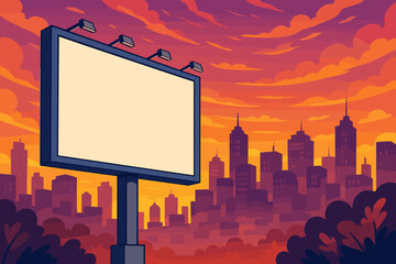 Blank billboard mockup with city skyline at sunset. Urban advertising space. Outdoor marketing concept. Vibrant evening sky. Illuminated signage. Vector cityscape illustration for creative promotion