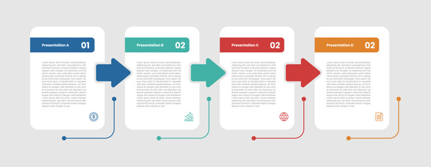 4 stage infographic diagram with round box table with arrow on right direction with 4 step for slide presentation