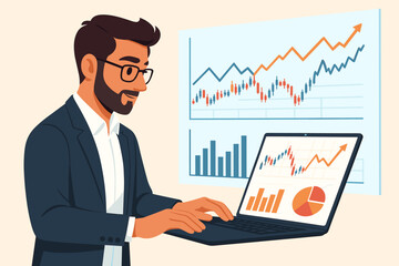 Businessman Analyzing Financial Data and Stock Market Charts on Laptop. Investment Strategy, Economic Growth, Statistics, Bar Graphs, Line Chart, Success Concept. Vector Illustration