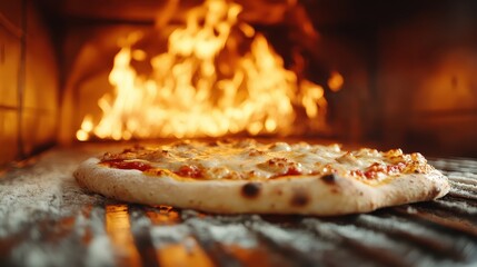 A delicious, freshly baked pizza placed inside a wood-fired oven, showcasing warm cheese and a crispy crust, emphasizing the joy of culinary artistry.