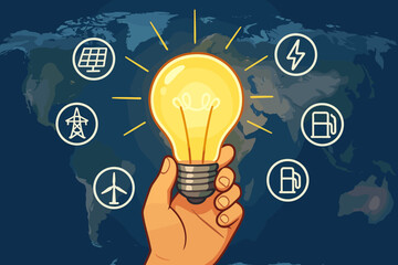 Hand Holding Glowing Light Bulb with Global Energy Sources Icons, Renewable and Nonrenewable Power Generation, Solar, Wind, Electricity, Oil, World Map Background, Sustainable Energy Concept Vector