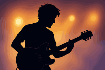 Electric guitarist silhouette performing on stage with vibrant blurred concert lights, music performance ambiance, rock jazz blues musician, colorful vector illustration, nightlife live show