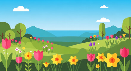 Vibrant Spring Landscape Blooming Flowers and Rolling Hills