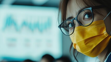 A dedicated female professional wears a yellow mask and glasses while looking towards the viewer against a backdrop of data visuals, signifying importance in her field.