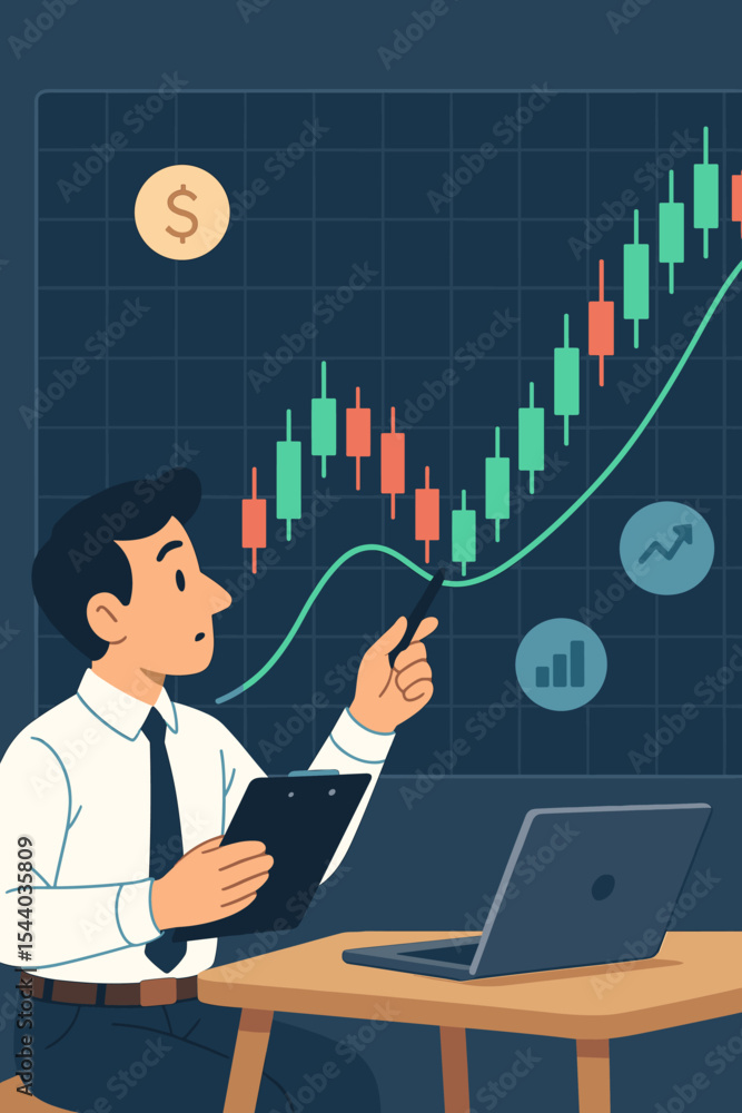 Poster businessman analyzing stock market trends on a candlestick chart. financial analyst or trader pointi