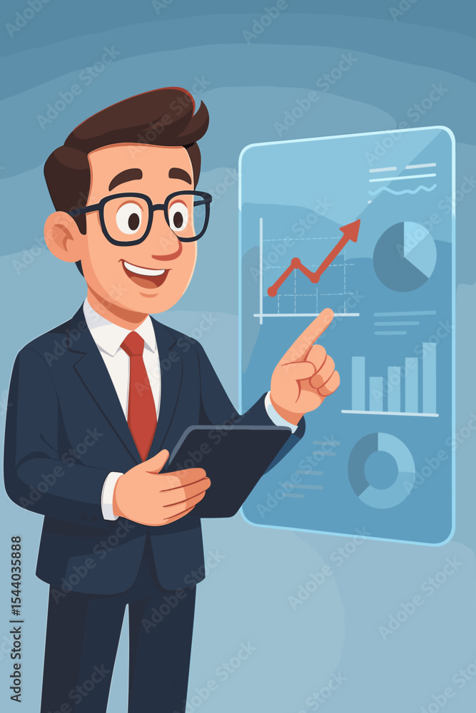 Poster cartoon businessman analyzing data on virtual screen. manager character pointing at holographic inte
