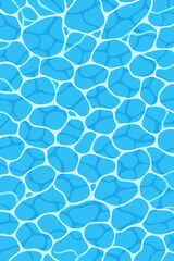 Seamless water pattern vector background. Blue swimming pool surface with sun glare and caustic ripples. Cartoon illustration for summer vacation, spa, relaxation and leisure design.