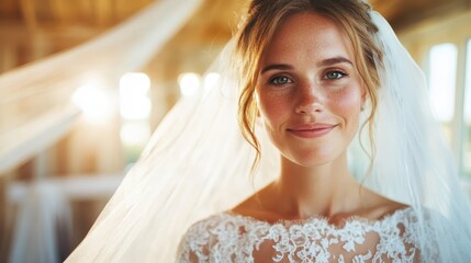 A beautiful bride smiles warmly in her wedding dress, adorned with lace, as soft natural light streams in, creating a romantic and enchanting atmosphere in the background.