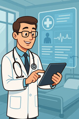 Cartoon doctor in hospital using digital tablet to access electronic medical records. Healthcare technology, telemedicine, modern medicine concept. Physician analyzing EKG. Vector.
