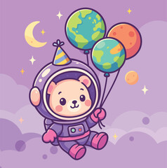 Cute teddy flying with balloons cartoon vector icon illustration animal fantasy icon isolated flat