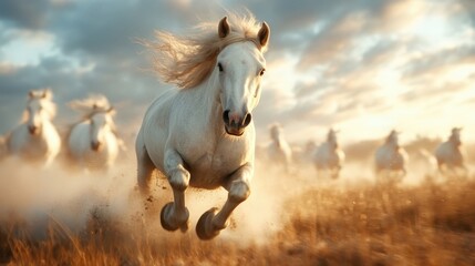 Obraz premium A powerful scene of white horses galloping freely across golden fields under a dramatic sky, capturing the spirit of freedom and the beauty of nature's wild side.